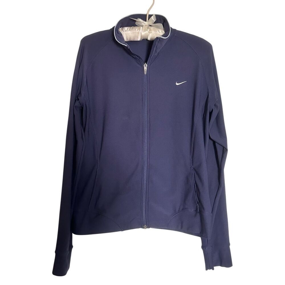 Nike Navy Dri-Fit Mock Neck Swoosh Logo Zip-up Athletic Sweatshirt Ladies Medium